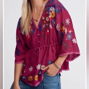 Johnny Was Magenta Floral Embroidered Blouse
